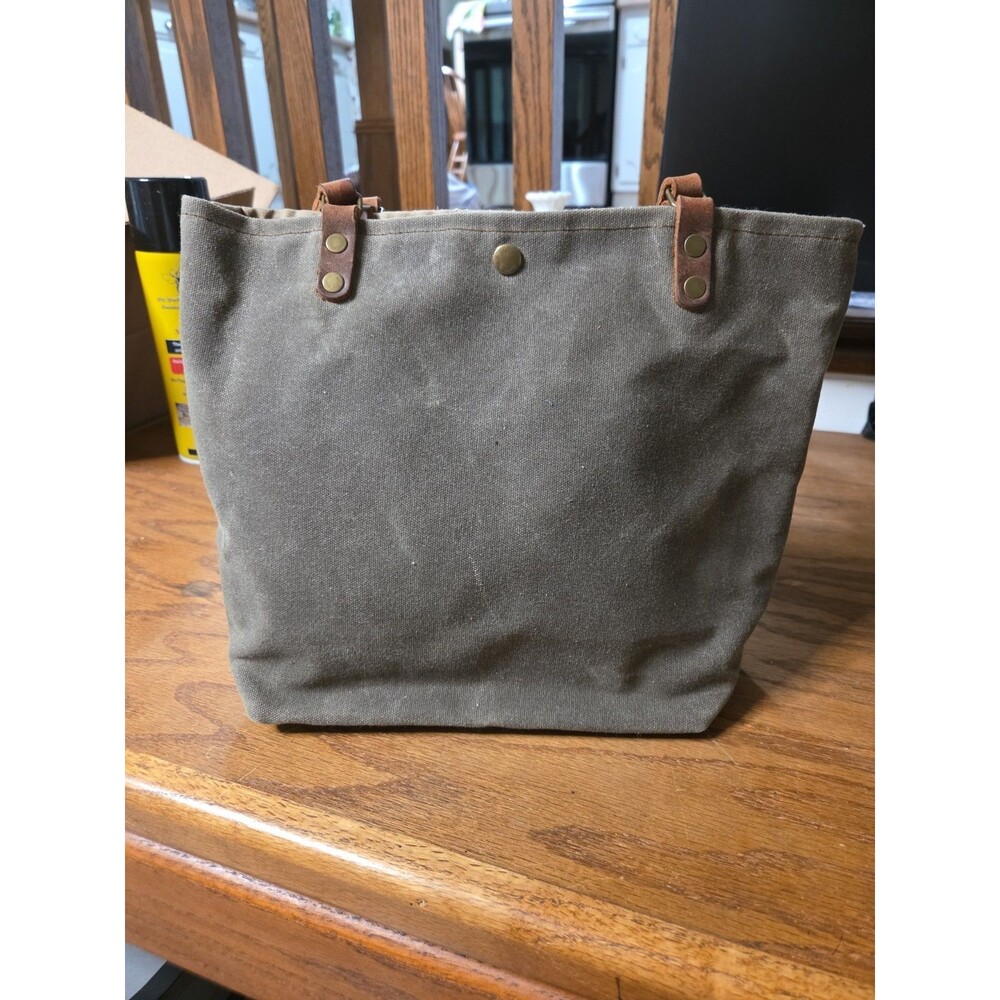 HANDMADE CANVAS OLIVE DRAB MEDIUM TOTE SNAP CLOSURE DOUBLE LEATHER HANDLES